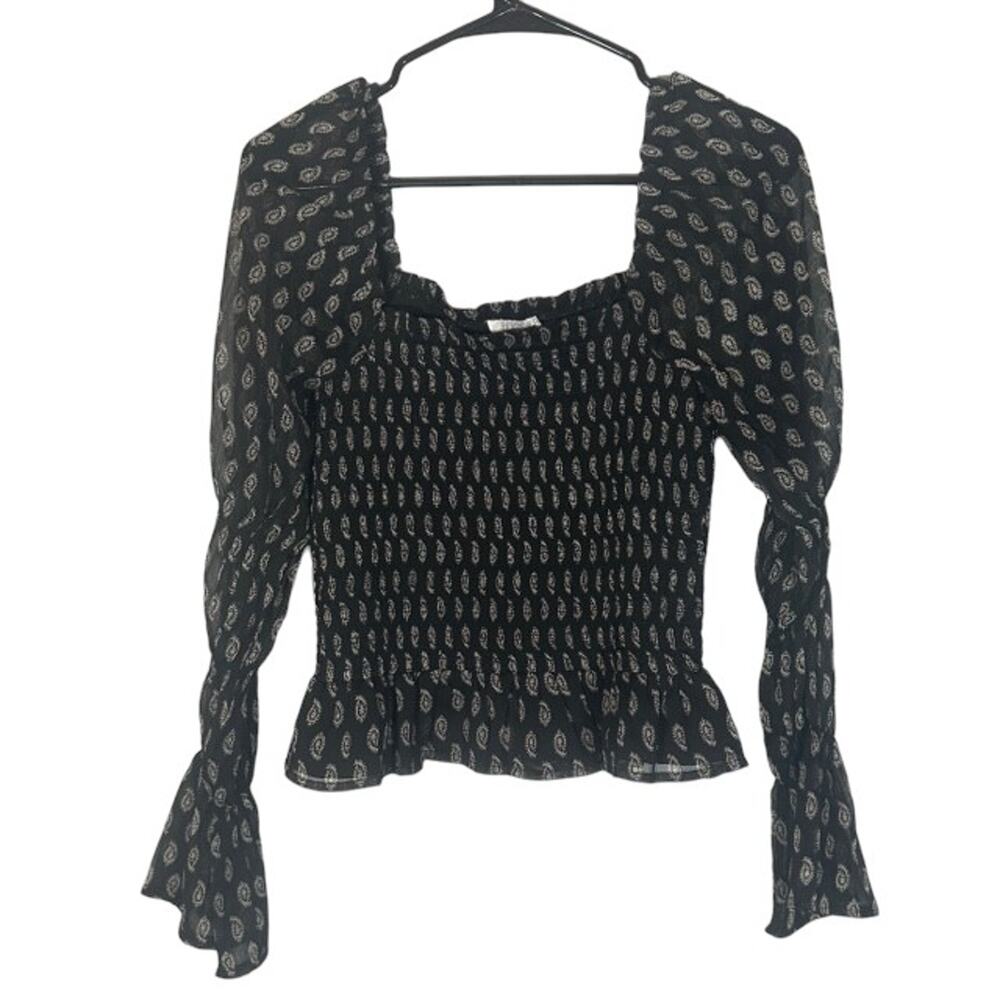 Patrons of Peace Black & White Long Sleeve Puff Sleeve Blouse Women Sz S